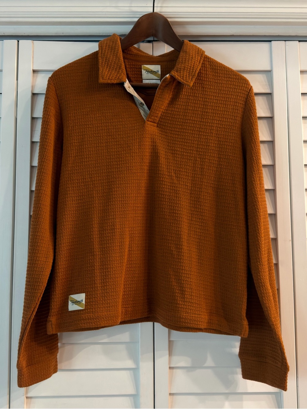 Tracksmith Fells Rugby Waffle Knit Merino Wool Polo Caramel Womens Medium